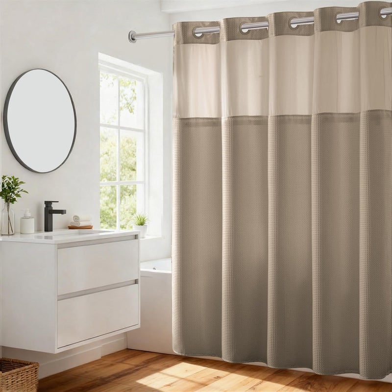 River Dream Heavyweight No Hooks Required Dotted Waffle Weave Shower Curtain with Snap in Liner - 71W x 74H,Hotel Grade,Spa Like Bath Curtain,Linen - Image 1